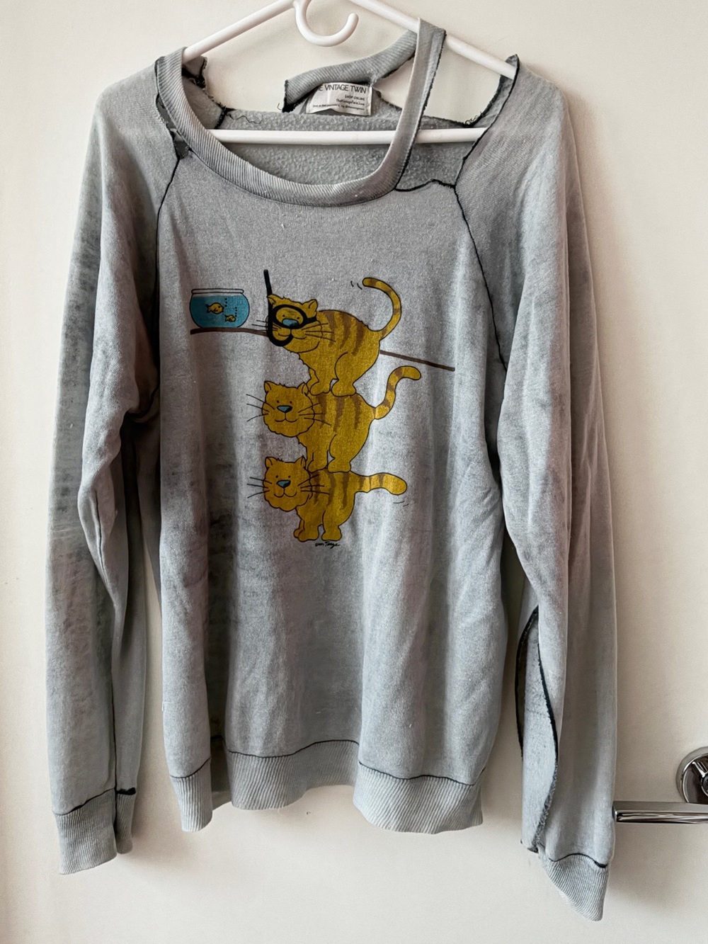 Gray Crewneck Sweatshirt with Yellow Stacked Cat Graphic